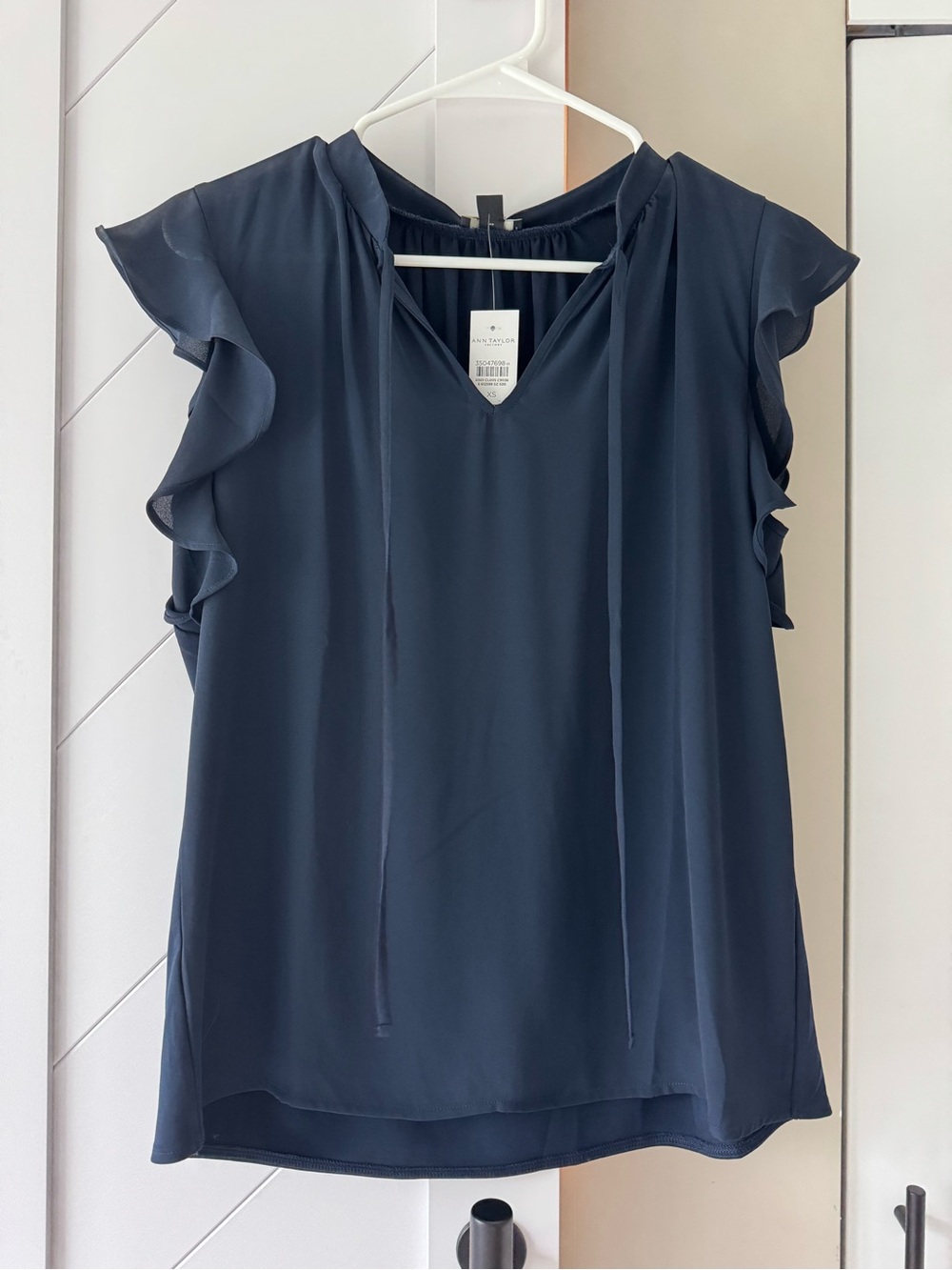 Ann Taylor Navy Flutter Sleeve Tie-Front V-Neck Blouse